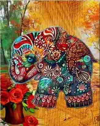Traditional Elephant With Flowers Painting