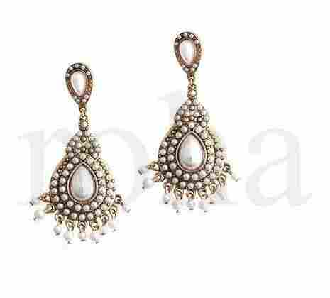 White Color Pearls Polki Style Large Size Earrings