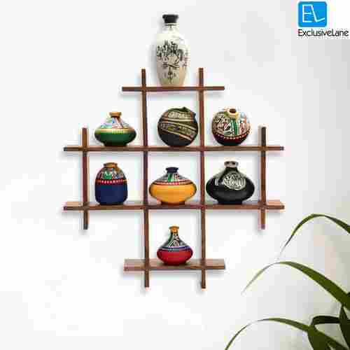 ExclusiveLane 8 Terracotta Warli Handpainted Pots With Sheesham Wooden Frame Wall Hanging
