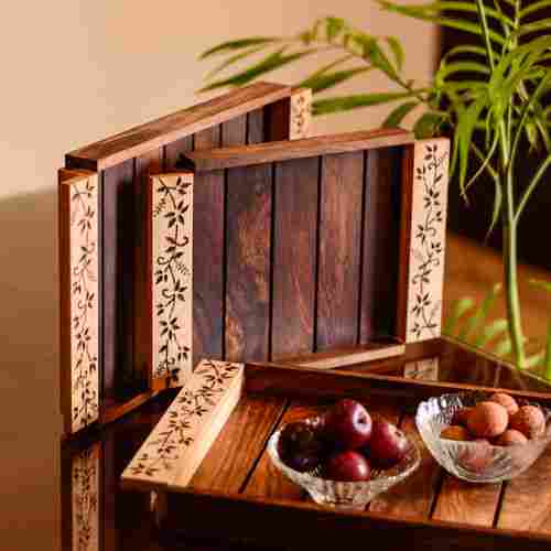 ExclusiveLane Elegant Nesting Tray Set In Sheesham Wood With Floral Design