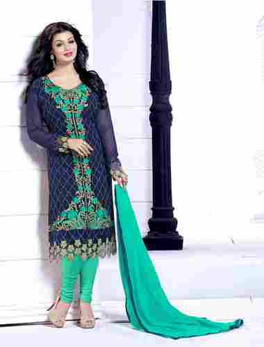 Navy Blue And Green Heavy Embroidery Straight Suit