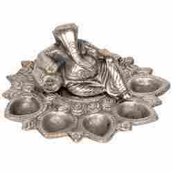 White Metal Lord Ganesha Idol With Five Diyas