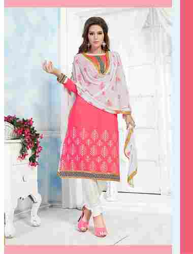 Peach And White Chanderi Embroidery Straight Suit