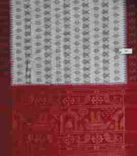 Traditional White And Red Nuapatna Ikat (Tie And Dye) Cotton Saree