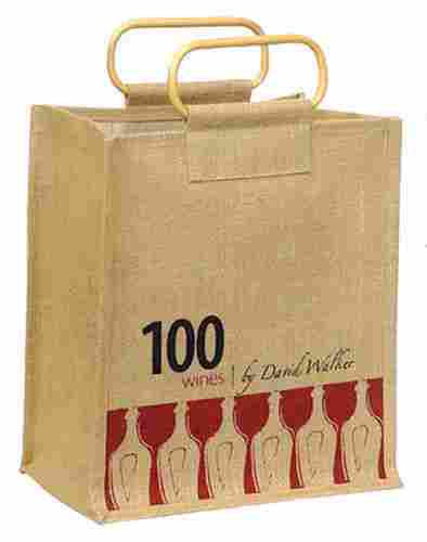 Six Bottle Jute Bag With Cane Handle