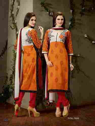 Orange Printed Churidar Dupatta Suit