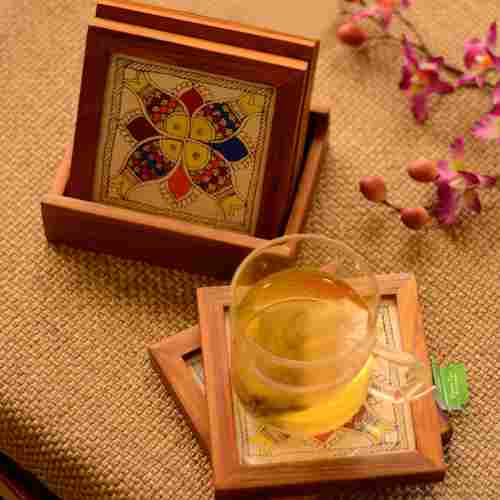 Teak Wood Coasters Set Of 4 With Stand In Mithila Work