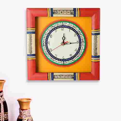 Warli Handpainted Clock 10*10 Inch Yellow