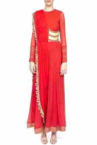 Red Embroidered Drape Jumpsuit