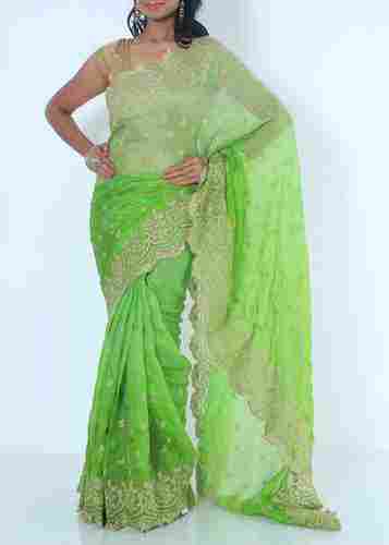 Neon Green Color Kota Embroidery Saree With Cutwork Border