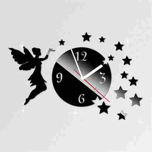 Angel Stars Art Black Acrylic Wall Clock And Sticker