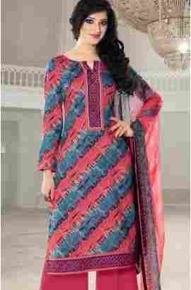 Red Un stitched Glaze Cotton Salwar Suit with Embroidered Neckline