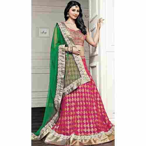 Pink Poly Georgette Resham Embroidered Lehenga With Net Dupatta