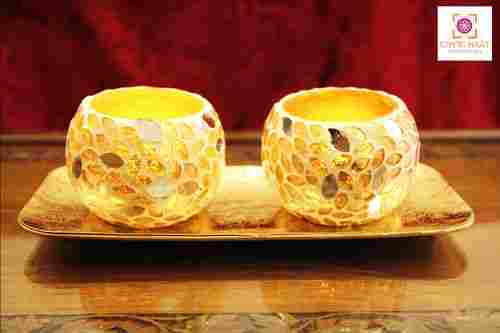 Handmade Golden Mosaic Bowl Set With Tray