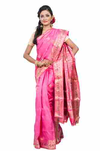 Pink And Blue Baluchari Saree With Blouse Piece