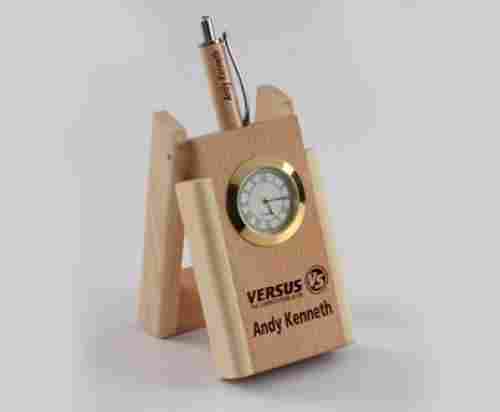 Wooden Pen Stand With Watch
