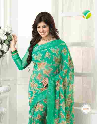 Green Georgette Printed Lace Work Saree With Blouse Piece