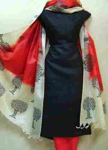 Black And Red Ghicha Jute Silk Block Printed Salwar Kameez Dress Fabric