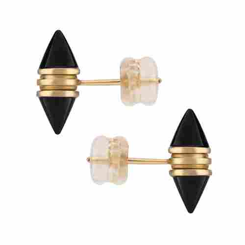 Yellow Gold Onyx And Simulated Coral Stud Earrings