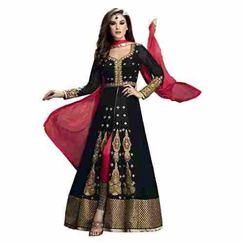 Anarkali Style Unstitched Salwar Suit Faux Georgette Fabric Black