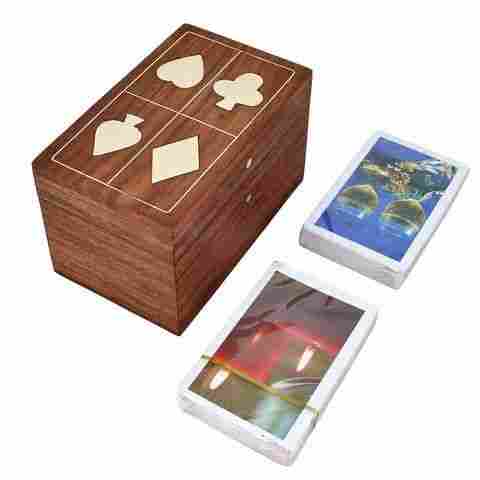 हस्तनिर्मित भारतीय लकड़ी का डबल प्लेइंग कार्ड स्टोरेज बॉक्स 
