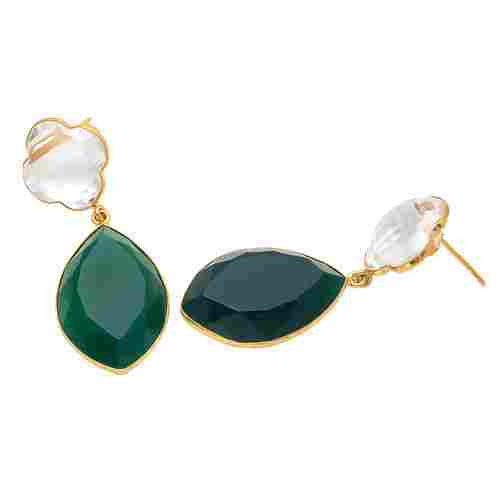 Green Onyx And Crystal Quartz Gemstone Earrings