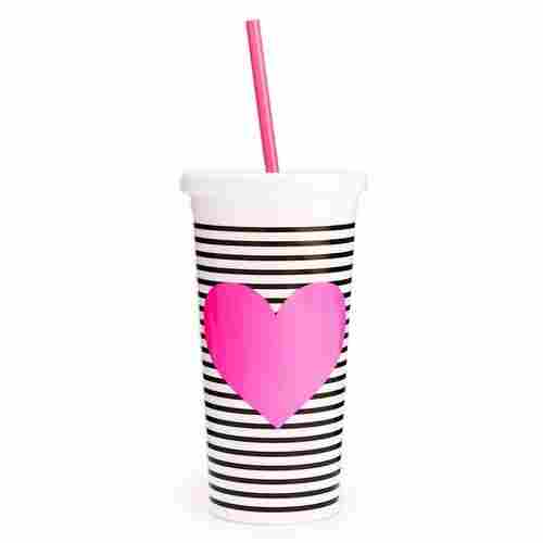 Sip Sip Tumbler With Straw - Black/White Stripe With Neon Heart