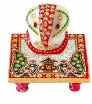 Marvellous Marble Ganesha Chowki with Peacock and Kalash design