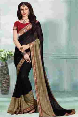 Black And Beige Party Wear Faux Satin Chiffon And Lycra Saree