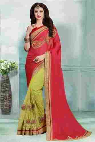 Red And Light Olive Green Party Wear Faux Satin Chiffon And Net Saree