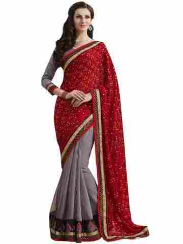 Chic Red Grey Beige Embroidered Saree