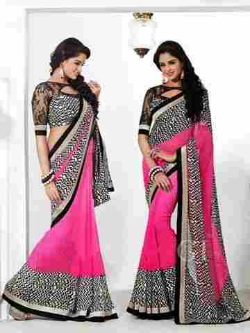 Pink Black Silver Embroidered Saree
