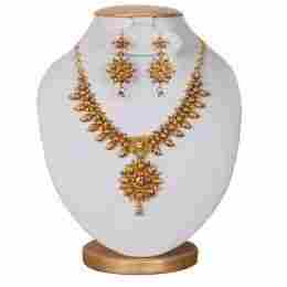 Women Fashion Necklace-Gold Color Stone Flower Design With Earring 