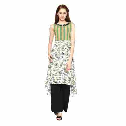 Off White And Green Georgette Long Kurti
