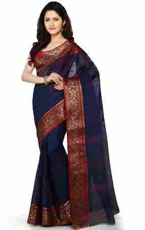 Dark Blue Cotton Tant Bengal Handloom Saree with Blouse