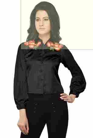 Embroidered Satin and Georgette Shirt Style Top in Black