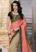 Dark Peach and Beige Color Faux Chiffon and Net Saree