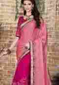 Red Shaded Fuchsia and Beige Color Faux Satin Chiffon and Net Saree