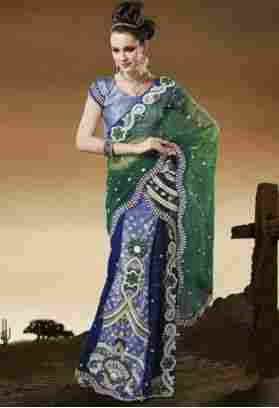 Sparkling Navy Blue and Green Brocade and Net lehenga saree