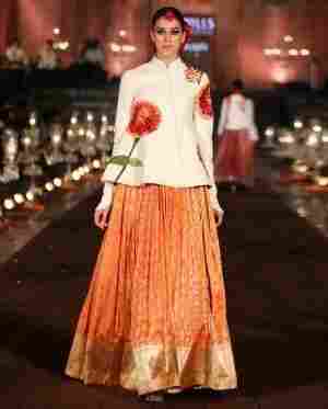 Ivory Quilted Jacket with Orange Brocade Lengha