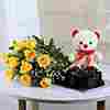 Yellow Roses with a Teddy Bear and Round Chocolate Cake
