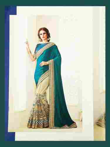 Rama Embroidered Silk and Georgette Designer Wedding Saree With Designer Blouse