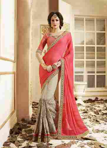 Beige and Pink Embroidery Work Bridal Saree