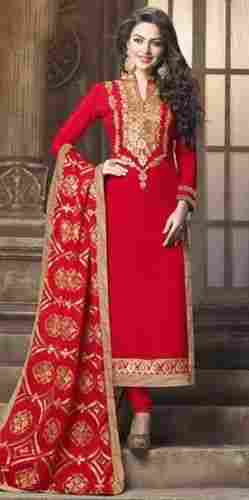 Red Georgette Material Straight Suit For Reception Wear