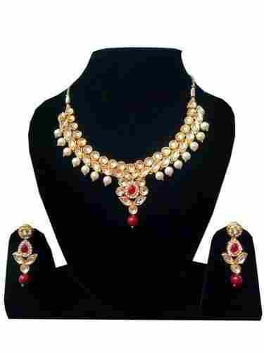 Red With White Stone Studded Designer Necklace Set With Earrings