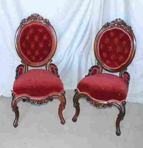 Victorian Rosewood Match Pair Parlor Chairs Red Upholstery