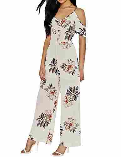 Darlency Womena  s Strap Floral Ruffle V Neck Off the Shoulder Daily Chiffon Jumpsuit