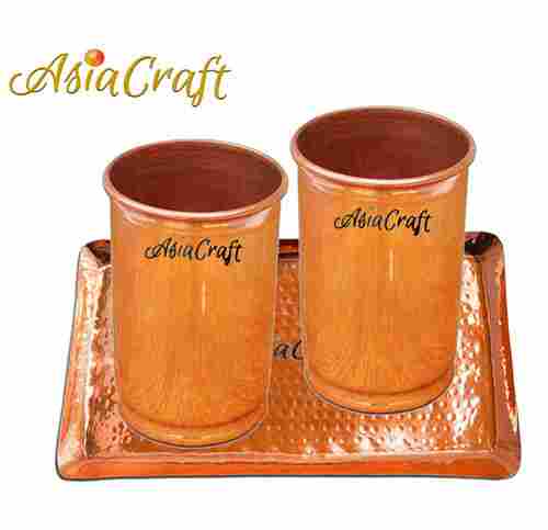 AsiaCraft Copper Hammered Serving Square Tray Plate And Glasses