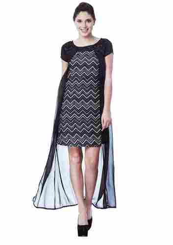 Women Semi Formal Printed Georgette Black Long Dress