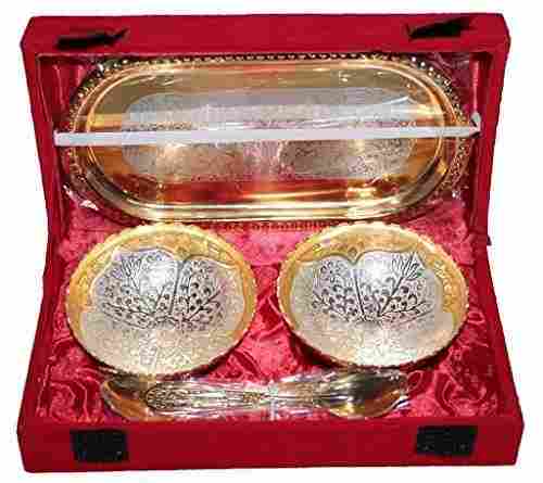 Silver Metal Double Bowl Set with Tray and Spoon